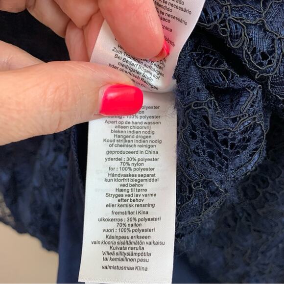 David’s Bridal Lace Elbow Sleeve All Over Contrast Marine Blue Dress - Picture 5 of 10